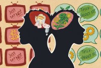 A digital illustration in colorful gouache shows silhouettes of the heads of two children facing in opposite directions. An outline of a brain is visible in each child’s head, with the one on the viewer’s left containing a cracked egg and the one on the right an unfurling fern. The background on the viewer’s left shows an array of TV screens with alternating displays, one reading “Just say no!” and the other featuring a large “$” sign. The child on the viewer’s right faces a pattern of speech bubbles that either say “Talk about it!” or feature a pair of gears or a sprouting leaf.