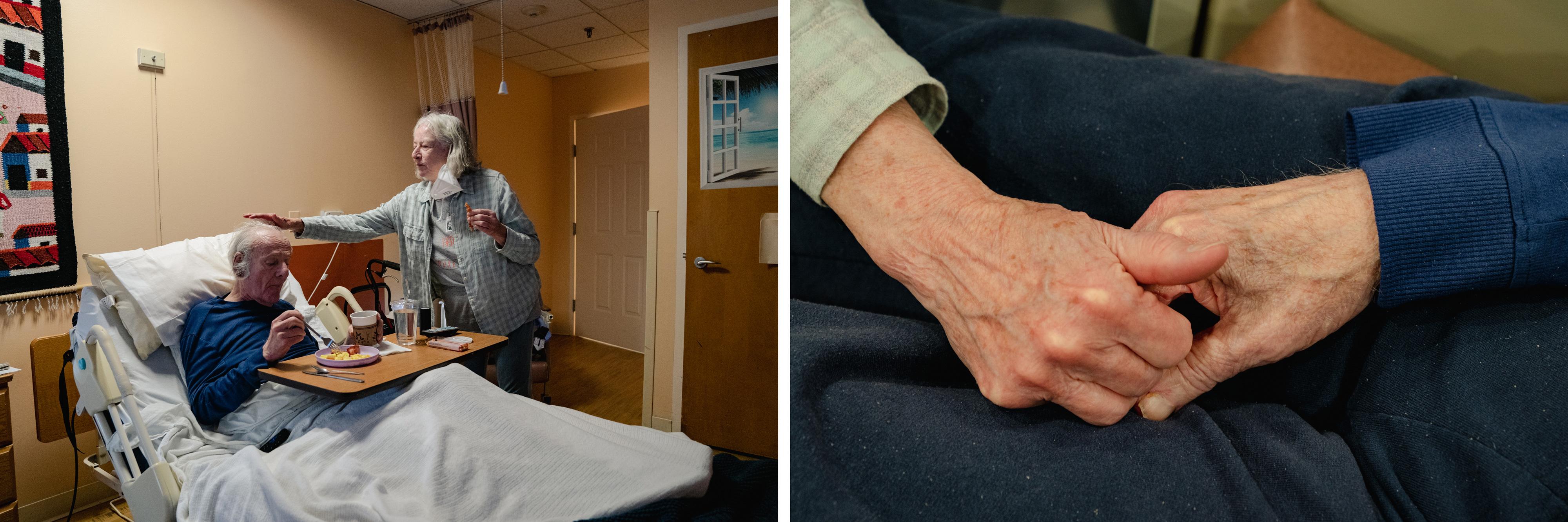 Two photos shown side-by-side: a woman caring for her elderly husband while in bed at a nursing home; a close-up photo of the two holding hands.