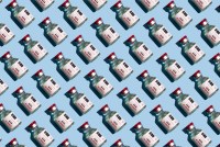 A repeating pattern of covid vaccine vials on top of a pale blue background fills the entire image.