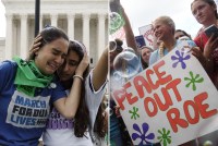 A side-by-side photo shows two pro-abortion and anti-abortion protesters in front of the Supreme Court.