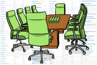 An digital illustration of ten office chairs surrounding a rectangular brown table and stacks of cash are on the table. The image background is a faded screenshot of the KFF Health News database entitled "Find Out Who Is Controlling Opioid Settlement Cash in Your State".