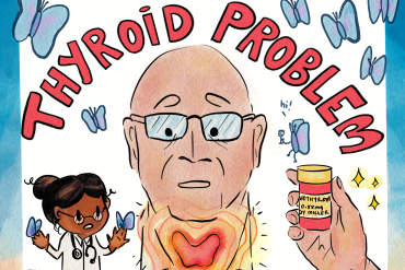 A digital illustration of Andy Miller in the center, with a doctor and a pill bottle to each side. Above him, text reads "THYROID PROBLEM"